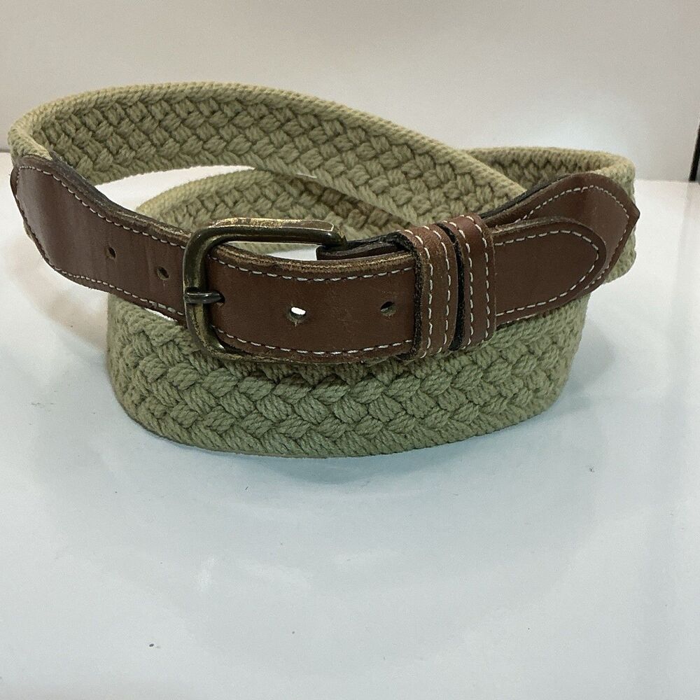 Dockers Braided Woven Belt Men’s Size 36 Tan Khaki Brown Leather Trim Brass